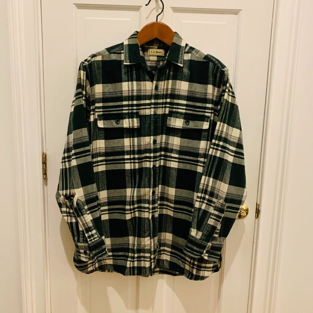 Vintage LL Bean Flannel Men's Thick Work Shirt Size Large Heavy Chamois Work - Picture 1 of 9